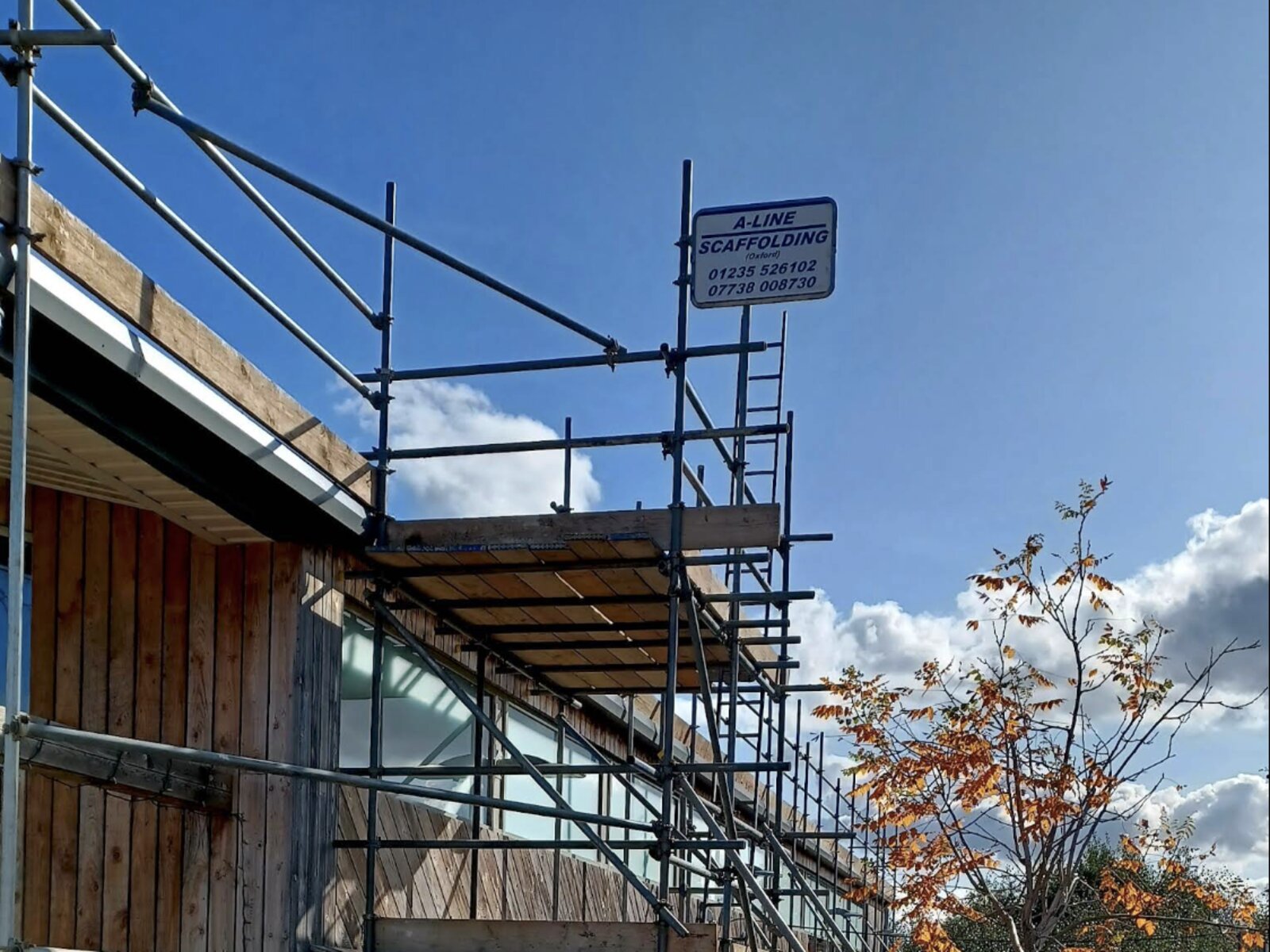 Scaffold access tower with ladder installed by A-Line Scaffolding on a commercial building in Abingdon, Oxfordshire, and the UK